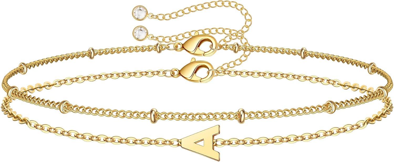 imageM MOOHAM Stocking Stuffers for Women Girls Layered Initial Bracelet Letter AZ Charm Dainty 14K Gold Plated Initial Bracelets for Women Birthday Personalized Gifts Trendy JewelryGold