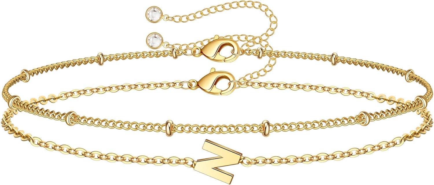 imageM MOOHAM Stocking Stuffers for Women Girls Layered Initial Bracelet Letter AZ Charm Dainty 14K Gold Plated Initial Bracelets for Women Birthday Personalized Gifts Trendy JewelryGold