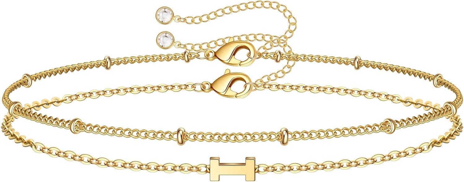imageM MOOHAM Stocking Stuffers for Women Girls Layered Initial Bracelet Letter AZ Charm Dainty 14K Gold Plated Initial Bracelets for Women Birthday Personalized Gifts Trendy JewelryGold