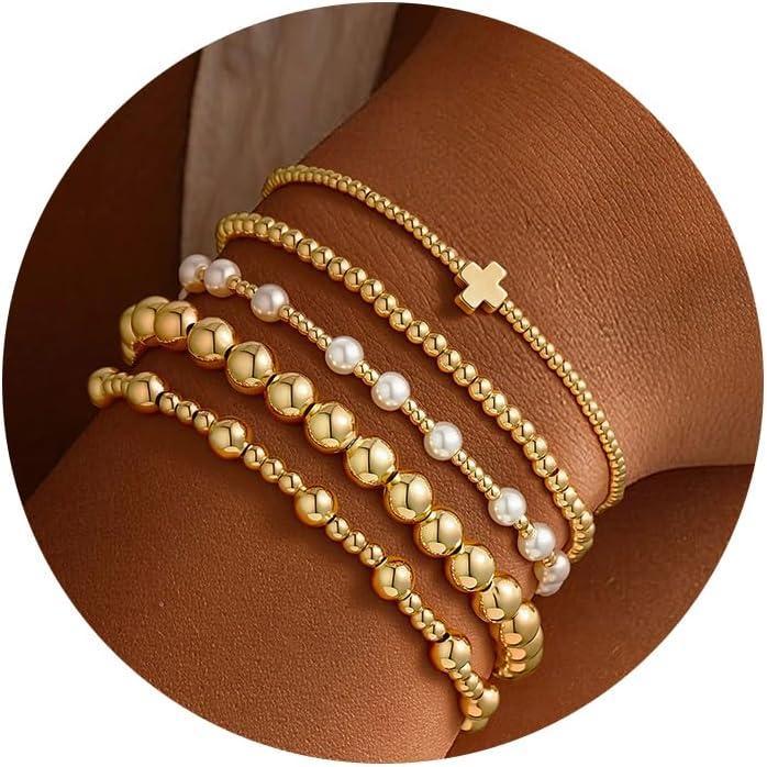 imageM MOOHAM 14KGoldPlated Beaded Bracelets for Women  Dainty Beaded Pearl Bracelet Set Stack for Women Trendy Non Tarnish Stretch Bracelet Christmas Stocking Gifts Jewelry5PCSCross Pearl Bracelet