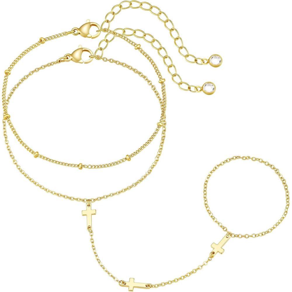 imageM MOOHAM 14KGoldPlated Hand Chain Bracelet for Women Dainty Ring Bracelet Hands Chain Cubic Zirconia Clover Butterfly Cross Heart Finger Rings Bracelets for Women Teen Girl GiftsCross