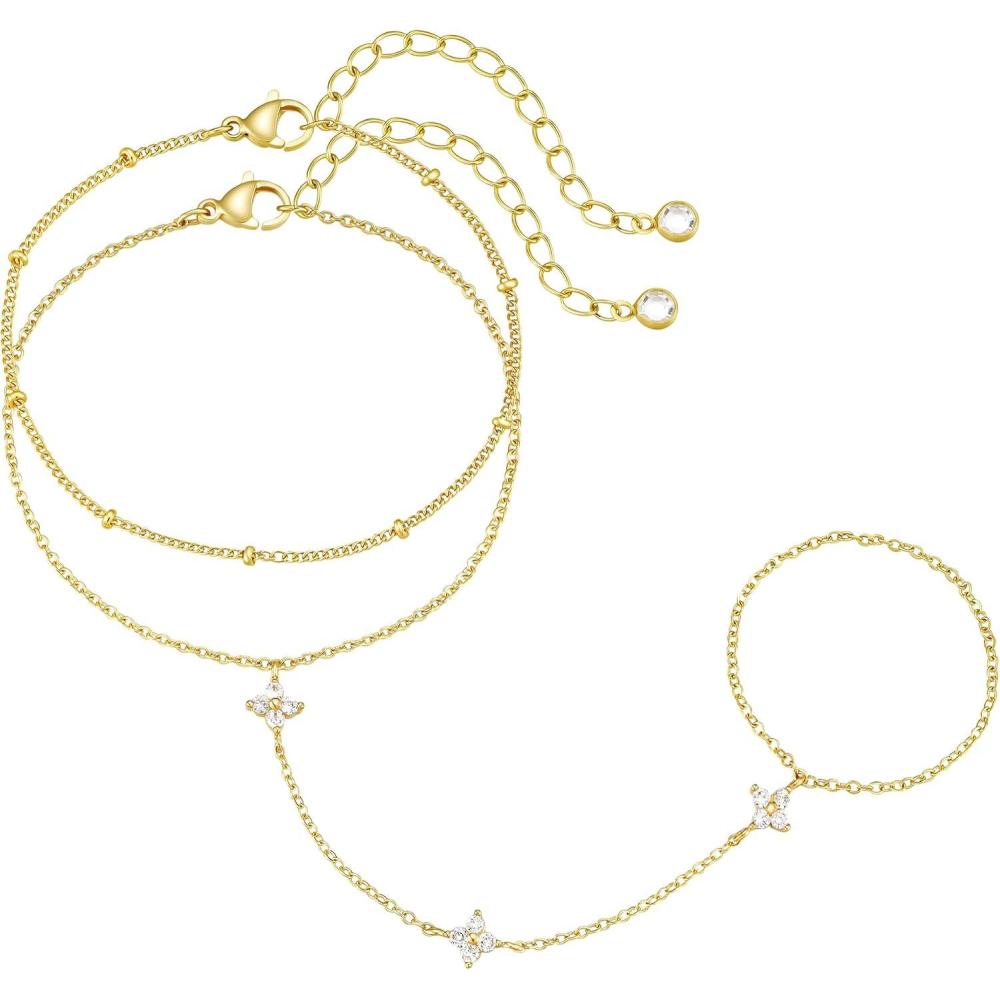 imageM MOOHAM 14KGoldPlated Hand Chain Bracelet for Women Dainty Ring Bracelet Hands Chain Cubic Zirconia Clover Butterfly Cross Heart Finger Rings Bracelets for Women Teen Girl GiftsClover