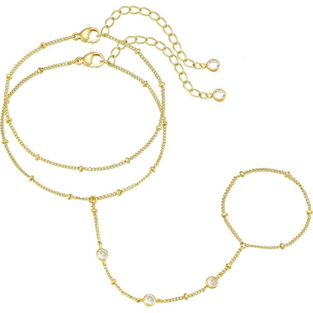 imageM MOOHAM 14KGoldPlated Hand Chain Bracelet for Women Dainty Ring Bracelet Hands Chain Cubic Zirconia Clover Butterfly Cross Heart Finger Rings Bracelets for Women Teen Girl GiftsRound Zircon