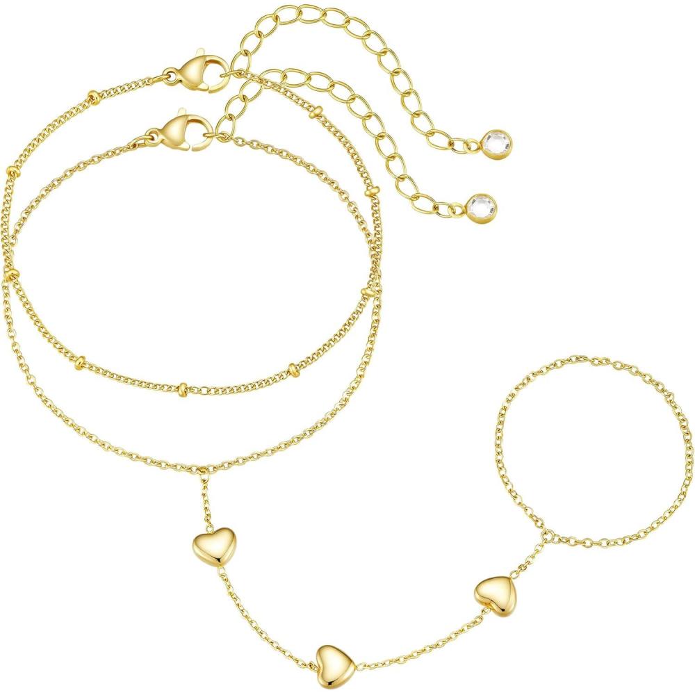 imageM MOOHAM 14KGoldPlated Hand Chain Bracelet for Women Dainty Ring Bracelet Hands Chain Cubic Zirconia Clover Butterfly Cross Heart Finger Rings Bracelets for Women Teen Girl GiftsHeart
