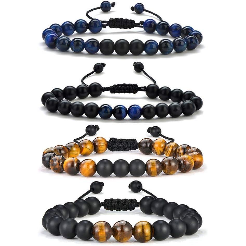 imageM MOOHAM Beaded Bracelets for Mens Gifts Natural Stone 8mm Tiger Eye Matte Agate Lava Rock Bracelets for Men Teen Boys Birthday Anniversary Christmas Gifts for Men Teens Grandpa4 Pcs Tiger EyeMatte Agate