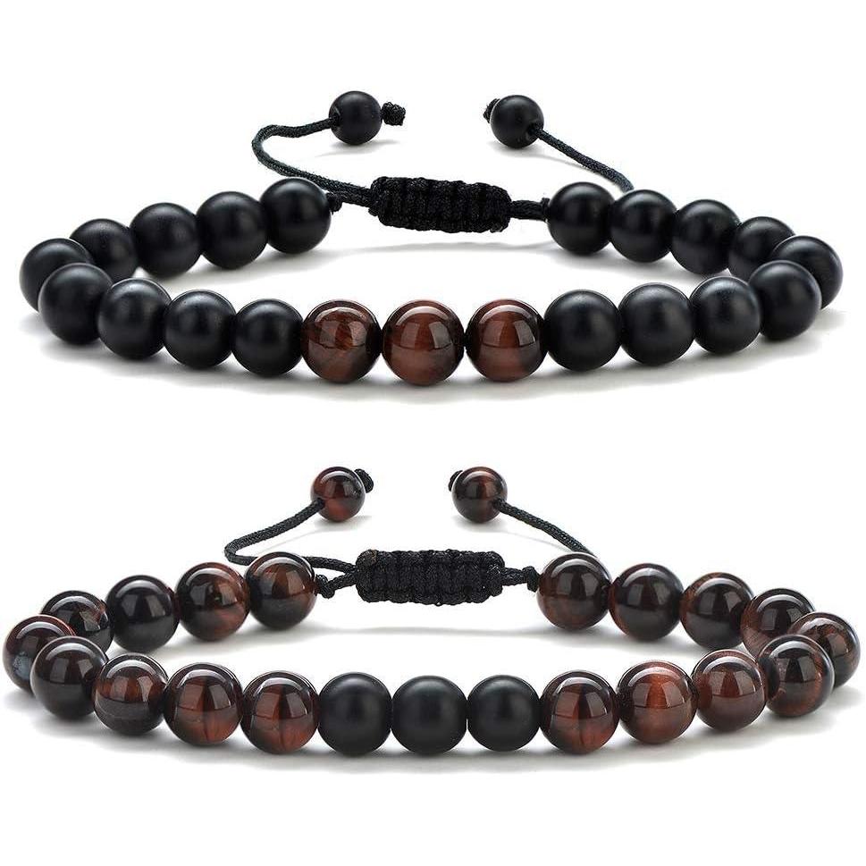 imageM MOOHAM Beaded Bracelets for Mens Gifts Natural Stone 8mm Tiger Eye Matte Agate Lava Rock Bracelets for Men Teen Boys Birthday Anniversary Christmas Gifts for Men Teens GrandpaRed Tiger EyeMatte Agate Bracelets