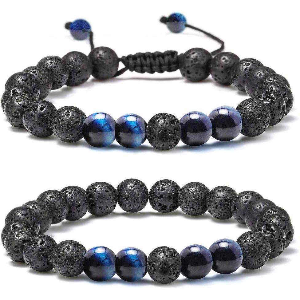 imageM MOOHAM Beaded Bracelets for Mens Gifts Natural Stone 8mm Tiger Eye Matte Agate Lava Rock Bracelets for Men Teen Boys Birthday Anniversary Christmas Gifts for Men Teens GrandpaLava Rock Blue Tiger Eye Bracelets