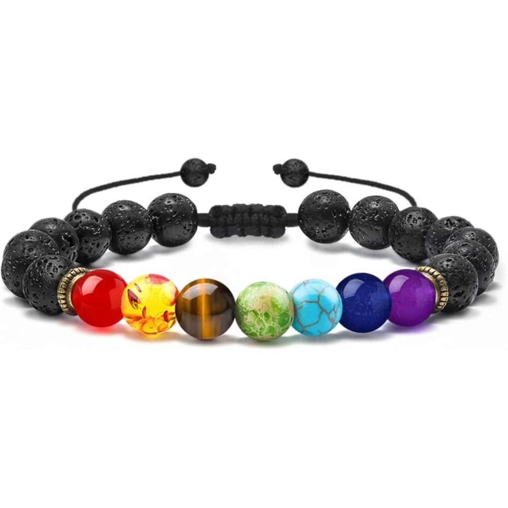 imageM MOOHAM Beaded Bracelets for Mens Gifts Natural Stone 8mm Tiger Eye Matte Agate Lava Rock Bracelets for Men Teen Boys Birthday Anniversary Christmas Gifts for Men Teens GrandpaChakraLava Rock Bracelet