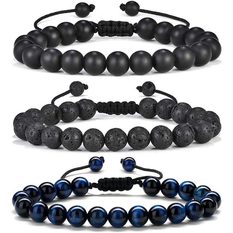 imageM MOOHAM Beaded Bracelets for Mens Gifts Natural Stone 8mm Tiger Eye Matte Agate Lava Rock Bracelets for Men Teen Boys Birthday Anniversary Christmas Gifts for Men Teens GrandpaMatte AgateLava RockTiger Eye Bracelet