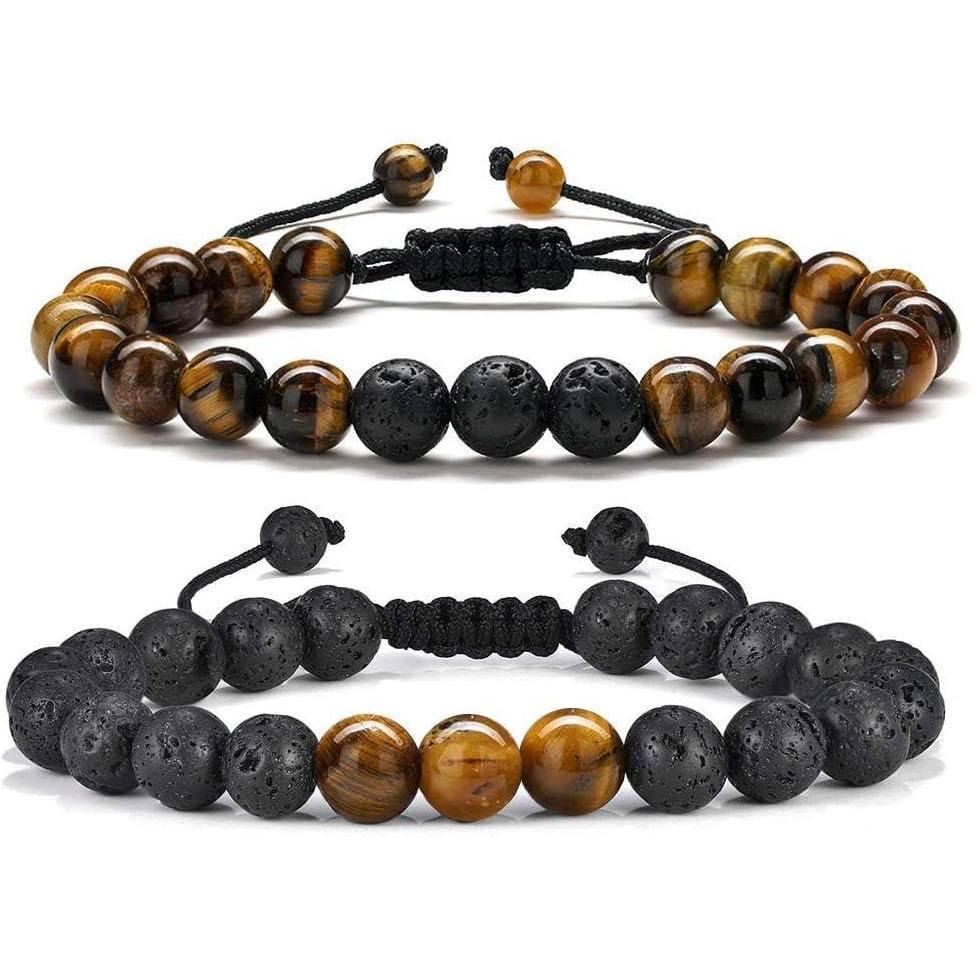 imageM MOOHAM Beaded Bracelets for Mens Gifts  Natural Stone 8mm Tiger Eye Matte Agate Lava Rock Bracelets for Men Teen Boys Birthday Anniversary Christmas Gifts for Men Teens GrandpaTiger eyeLava Rock Bracelets