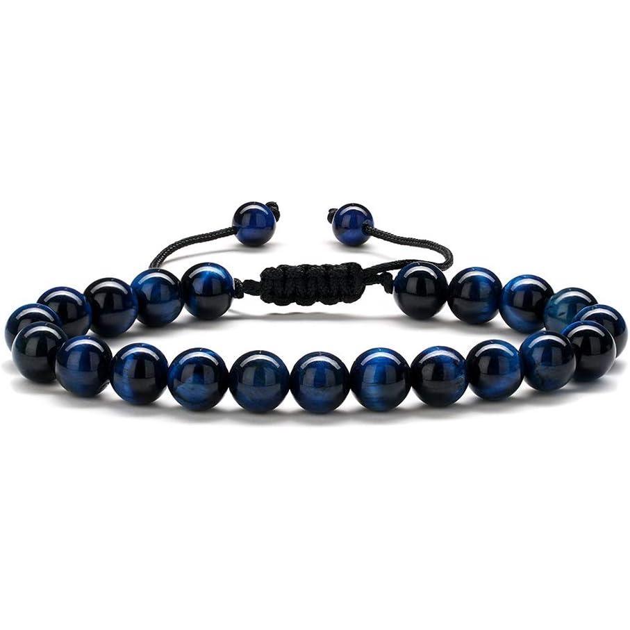 imageM MOOHAM Beaded Bracelets for Mens Gifts Natural Stone 8mm Tiger Eye Matte Agate Lava Rock Bracelets for Men Teen Boys Birthday Anniversary Christmas Gifts for Men Teens GrandpaBlue Tiger Eye Bracelet
