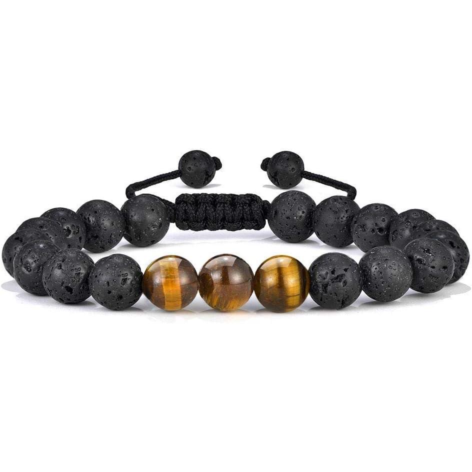 imageM MOOHAM Beaded Bracelets for Mens Gifts Natural Stone 8mm Tiger Eye Matte Agate Lava Rock Bracelets for Men Teen Boys Birthday Anniversary Christmas Gifts for Men Teens GrandpaBlack Lava Rock Tiger Eye Bracelet