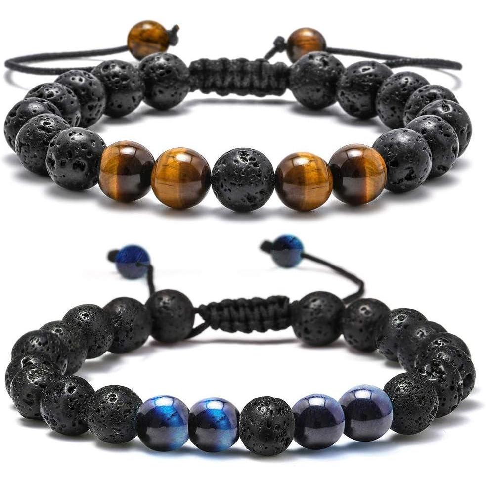 imageM MOOHAM Beaded Bracelets for Mens Gifts Natural Stone 8mm Tiger Eye Matte Agate Lava Rock Bracelets for Men Teen Boys Birthday Anniversary Christmas Gifts for Men Teens GrandpaLava RockYellow Blue Tiger Eye Bracelets
