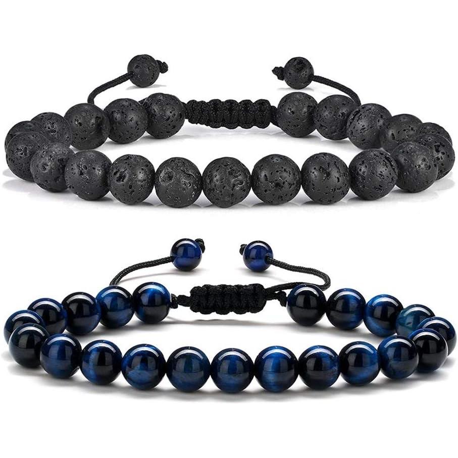 imageM MOOHAM Beaded Bracelets for Mens Gifts Natural Stone 8mm Tiger Eye Matte Agate Lava Rock Bracelets for Men Teen Boys Birthday Anniversary Christmas Gifts for Men Teens GrandpaLava RockBlue Tiger Eye Bracelets