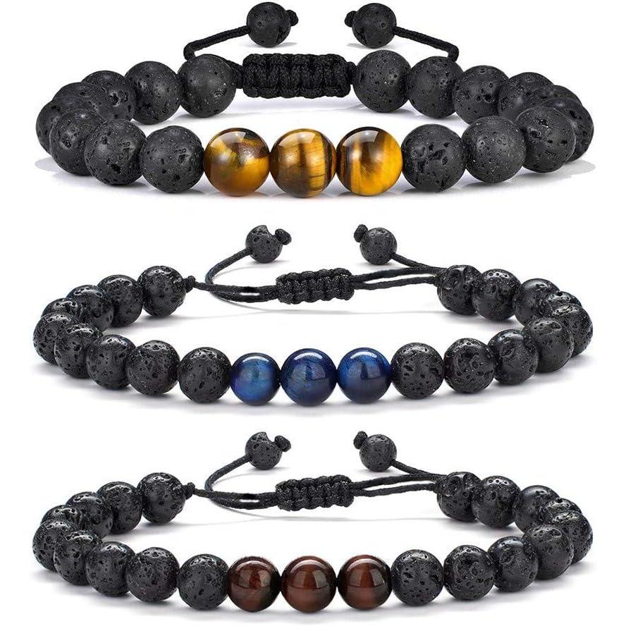 imageM MOOHAM Beaded Bracelets for Mens Gifts Natural Stone 8mm Tiger Eye Matte Agate Lava Rock Bracelets for Men Teen Boys Birthday Anniversary Christmas Gifts for Men Teens Grandpa3 pcs Lava RockTiger Eye Bracelets