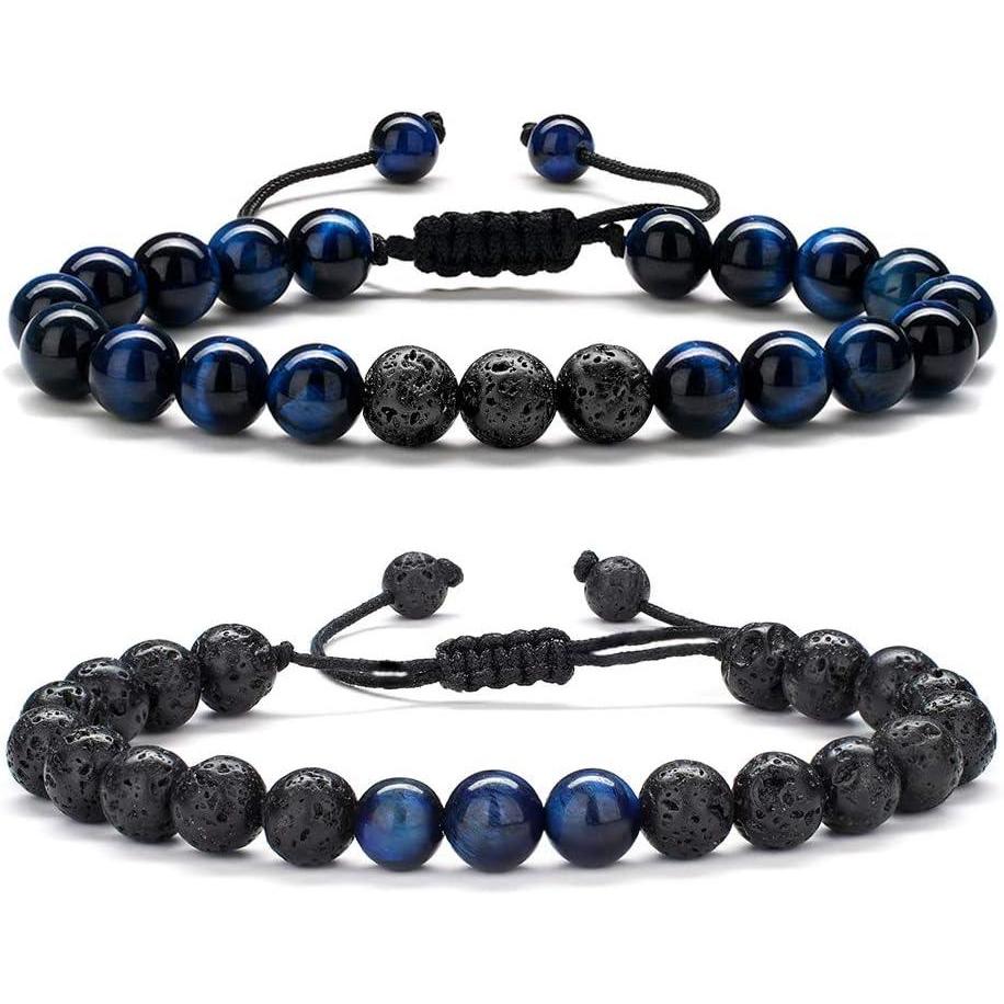 imageM MOOHAM Beaded Bracelets for Mens Gifts Natural Stone 8mm Tiger Eye Matte Agate Lava Rock Bracelets for Men Teen Boys Birthday Anniversary Christmas Gifts for Men Teens GrandpaBlue Tiger EyeLava Rock Bracelets