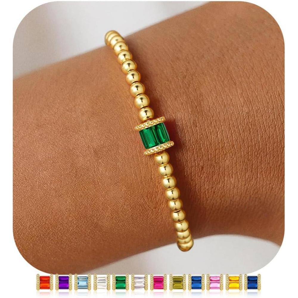 imageM MOOHAM Birthstone Gold Beaded Bracelets for Women Dainty Elastic 14k Real Gold Plated Beaded Bracelets Trendy Non Tarnish Friendship Birthday Jewelry Gifts for Women05MayEmerald