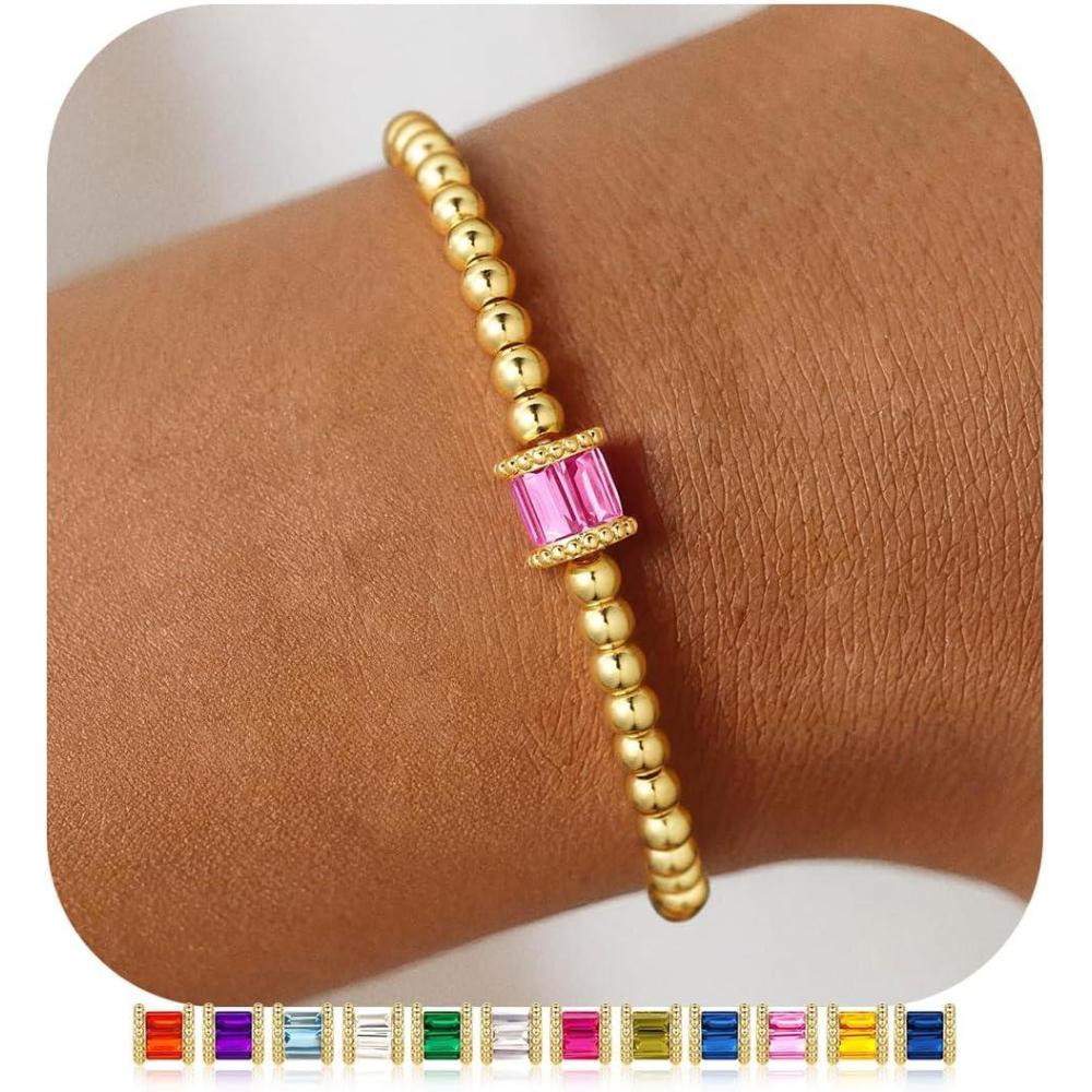 imageM MOOHAM Birthstone Gold Beaded Bracelets for Women Dainty Elastic 14k Real Gold Plated Beaded Bracelets Trendy Non Tarnish Friendship Birthday Jewelry Gifts for Women10OctoberTourmaline