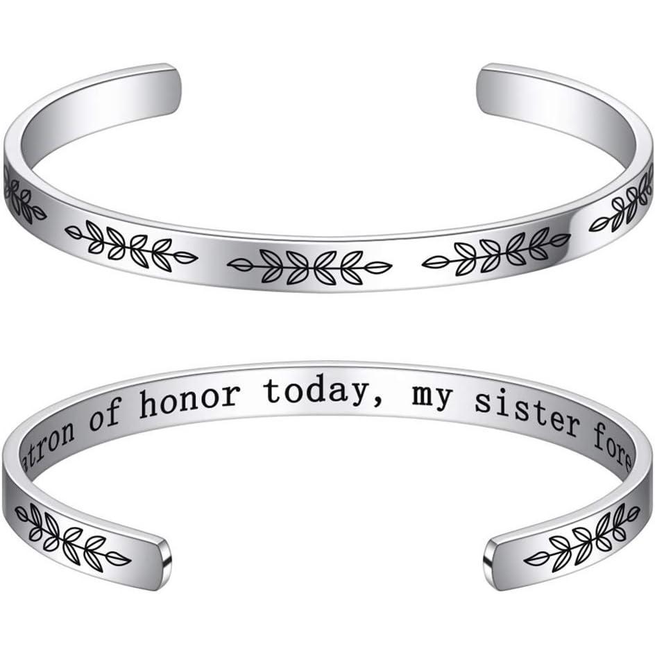 imageM MOOHAM Bracelets for Women Engraved Quote Inspirational Bracelet Birthday Christmas Funny Gifts for Best Friend Daughter Son Sister Niece Mom Coworkers Stainless Steel JewelryWedding giftsMy matron of honor today my sister forever