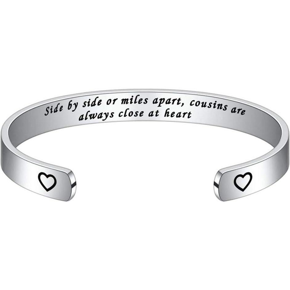 imageM MOOHAM Bracelets for Women Engraved Quote Inspirational Bracelet Birthday Christmas Funny Gifts for Best Friend Daughter Son Sister Niece Mom Coworkers Stainless Steel JewelryCousinsSide by side or miles apart cousins are always close at heart