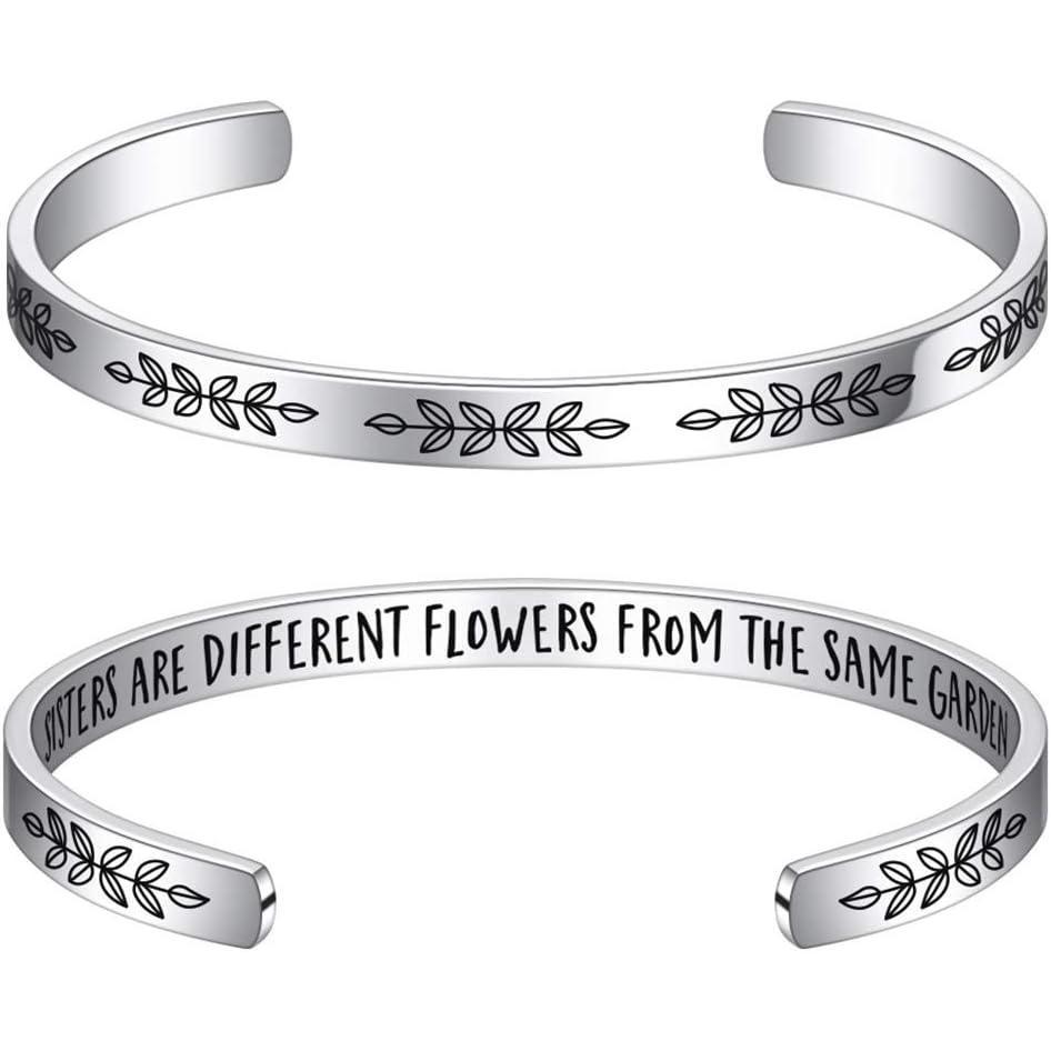 imageM MOOHAM Bracelets for Women Engraved Quote Inspirational Bracelet Birthday Christmas Funny Gifts for Best Friend Daughter Son Sister Niece Mom Coworkers Stainless Steel JewelrySistersSisters are different flowers from the same garden