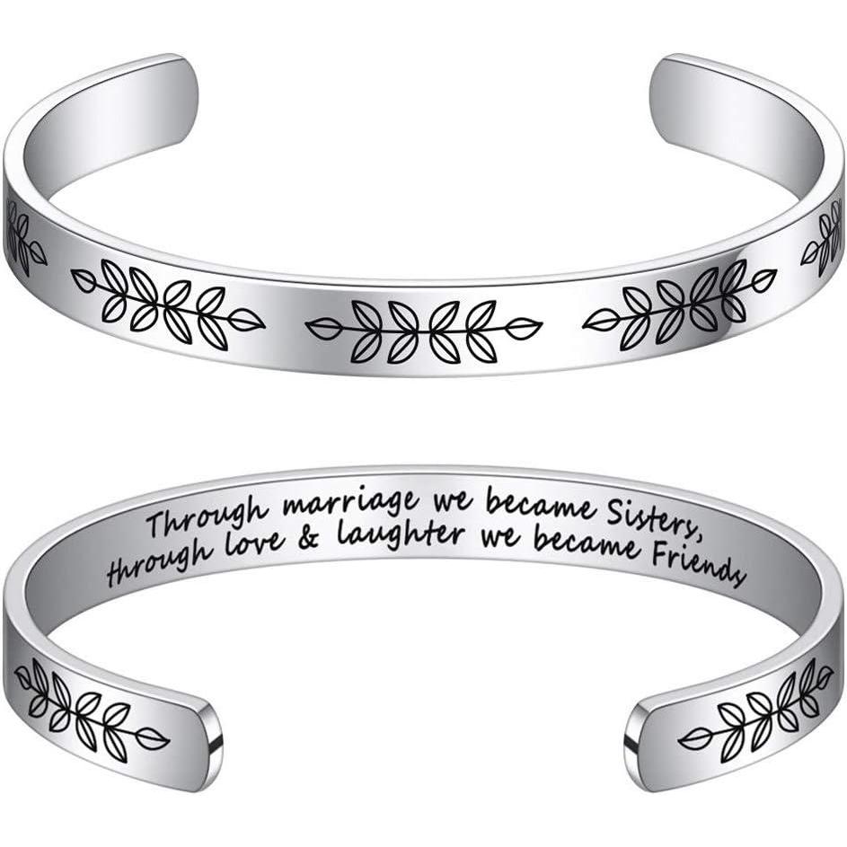 imageM MOOHAM Bracelets for Women Engraved Quote Inspirational Bracelet Birthday Christmas Funny Gifts for Best Friend Daughter Son Sister Niece Mom Coworkers Stainless Steel JewelryWedding giftsThrough marriage we became sisters through love laughter we became friends8mm