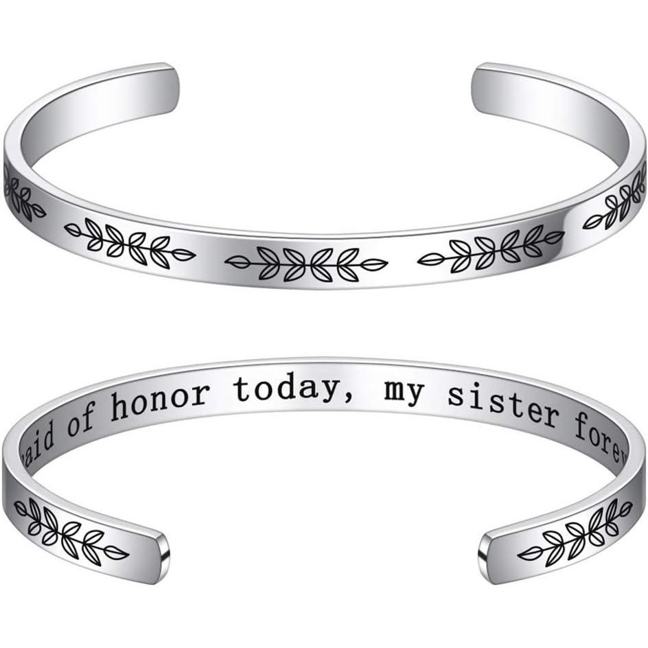 imageM MOOHAM Bracelets for Women Engraved Quote Inspirational Bracelet Birthday Christmas Funny Gifts for Best Friend Daughter Son Sister Niece Mom Coworkers Stainless Steel JewelryWedding giftsMy maid of honor today my sister forever
