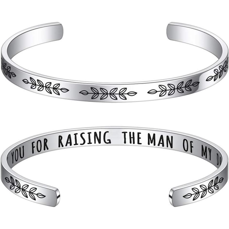imageM MOOHAM Bracelets for Women Engraved Quote Inspirational Bracelet Birthday Christmas Funny Gifts for Best Friend Daughter Son Sister Niece Mom Coworkers Stainless Steel JewelryWedding giftsThank you for raising the man of my dreams