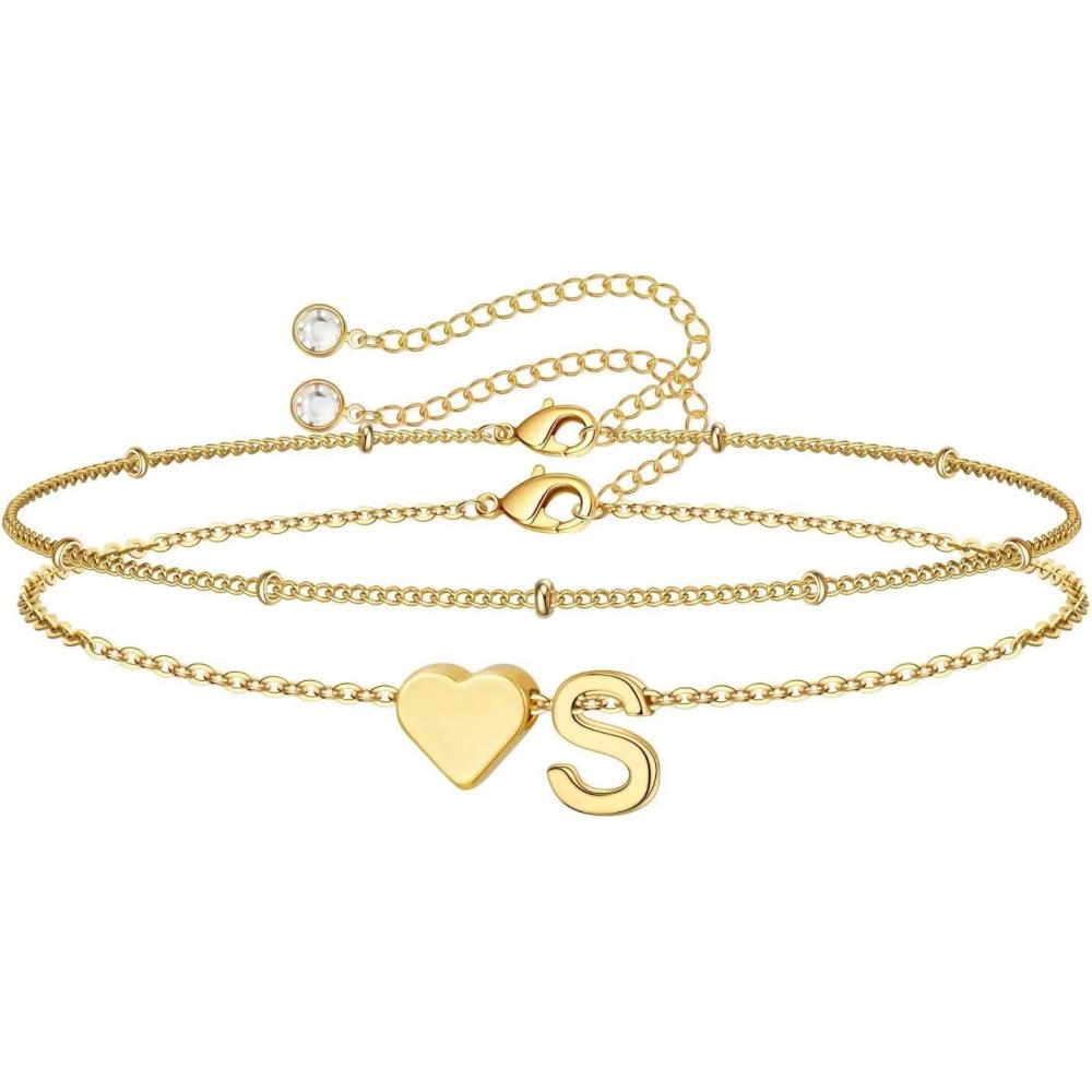 imageM MOOHAM Christmas Gifts for Grandkids Teens Girls 14KGoldPlated Heart Initial Bracelets for Women Girl Dainty Gold Bracelets Birthday Gift Stocking Stuffers for Women Teenage Girls Kids GiftsGoldPlated