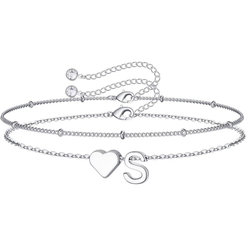imageM MOOHAM Christmas Gifts for Grandkids Teens Girls 14KGoldPlated Heart Initial Bracelets for Women Girl Dainty Gold Bracelets Birthday Gift Stocking Stuffers for Women Teenage Girls Kids GiftsSilverPlated