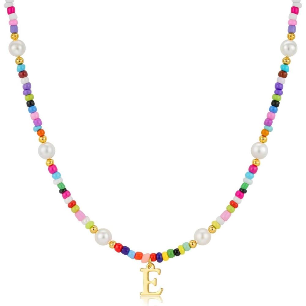 imageM MOOHAM Colorful Initial Necklaces for Girls Women Kids  Christmas Stocking Stuffers Beaded Pearl Choker Necklace for Women Teen Girl Gifts Trendy Personalized Letter Birthday Gifts Kids JewelryE