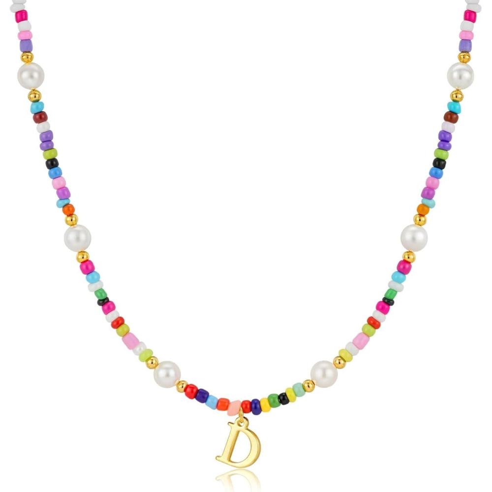 imageM MOOHAM Colorful Initial Necklaces for Girls Women Kids  Christmas Stocking Stuffers Beaded Pearl Choker Necklace for Women Teen Girl Gifts Trendy Personalized Letter Birthday Gifts Kids JewelryD