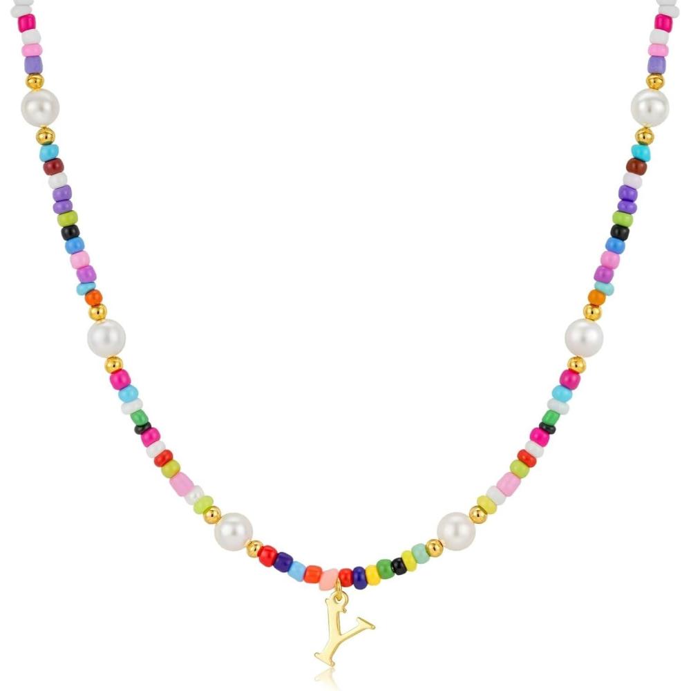 imageM MOOHAM Colorful Initial Necklaces for Girls Women Kids Christmas Stocking Stuffers Beaded Pearl Choker Necklace for Women Teen Girl Gifts Trendy Personalized Letter Birthday Gifts Kids JewelryY