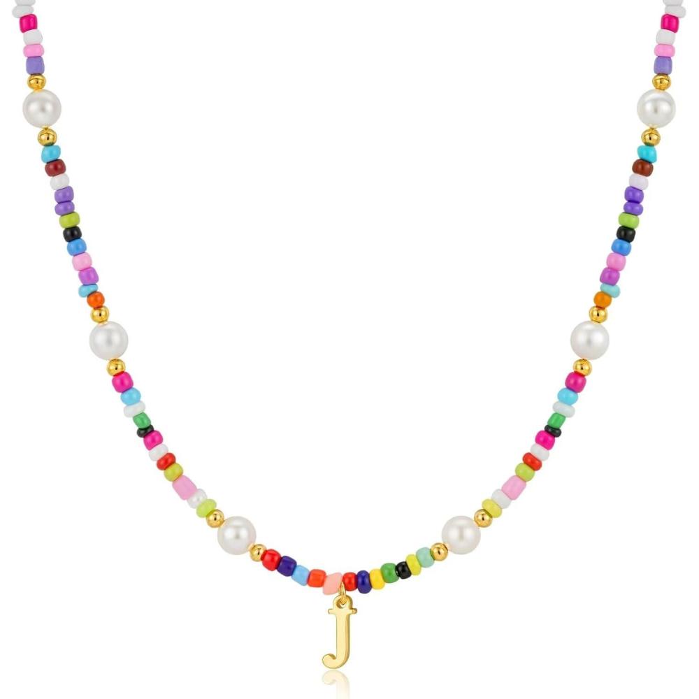 imageM MOOHAM Colorful Initial Necklaces for Girls Women Kids  Christmas Stocking Stuffers Beaded Pearl Choker Necklace for Women Teen Girl Gifts Trendy Personalized Letter Birthday Gifts Kids JewelryJ