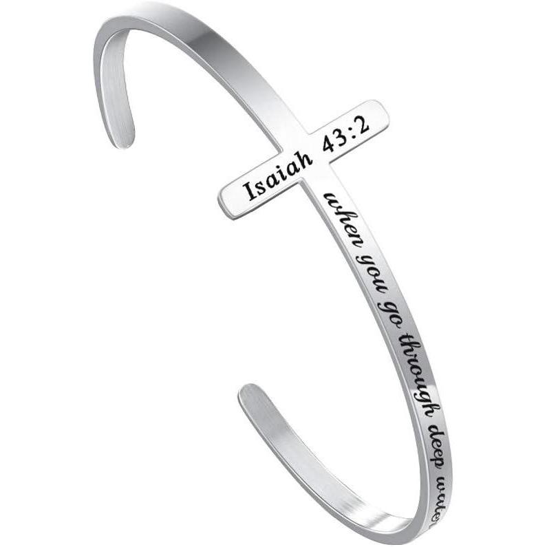 imageM MOOHAM Cross Bracelet Christian Gifts for Women Engraved Quote Religious Cuff Bangle Bible Verse Jewelry Gift for Women Confirmation Baptism Gifts Christian BraceletWhen you go through deep waters I will be with you