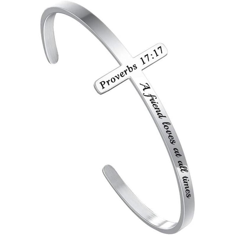 imageM MOOHAM Cross Bracelet Christian Gifts for Women  Engraved Quote Religious Cuff Bangle Bible Verse Jewelry Gift for Women Confirmation Baptism Gifts Christian BraceletA friend loves at all times