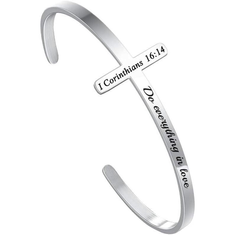 imageM MOOHAM Cross Bracelet Christian Gifts for Women Engraved Quote Religious Cuff Bangle Bible Verse Jewelry Gift for Women Confirmation Baptism Gifts Christian BraceletDo everything in love