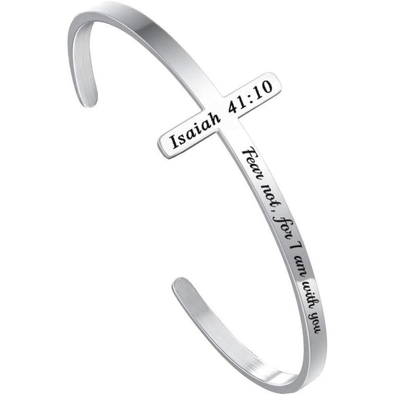 imageM MOOHAM Cross Bracelet Christian Gifts for Women Engraved Quote Religious Cuff Bangle Bible Verse Jewelry Gift for Women Confirmation Baptism Gifts Christian BraceletFear not for I am with you