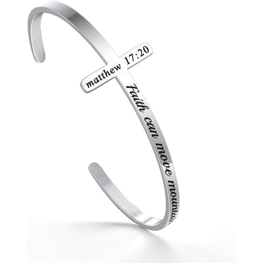imageM MOOHAM Cross Bracelet Christian Gifts for Women Engraved Quote Religious Cuff Bangle Bible Verse Jewelry Gift for Women Confirmation Baptism Gifts Christian BraceletFaith can move mountains