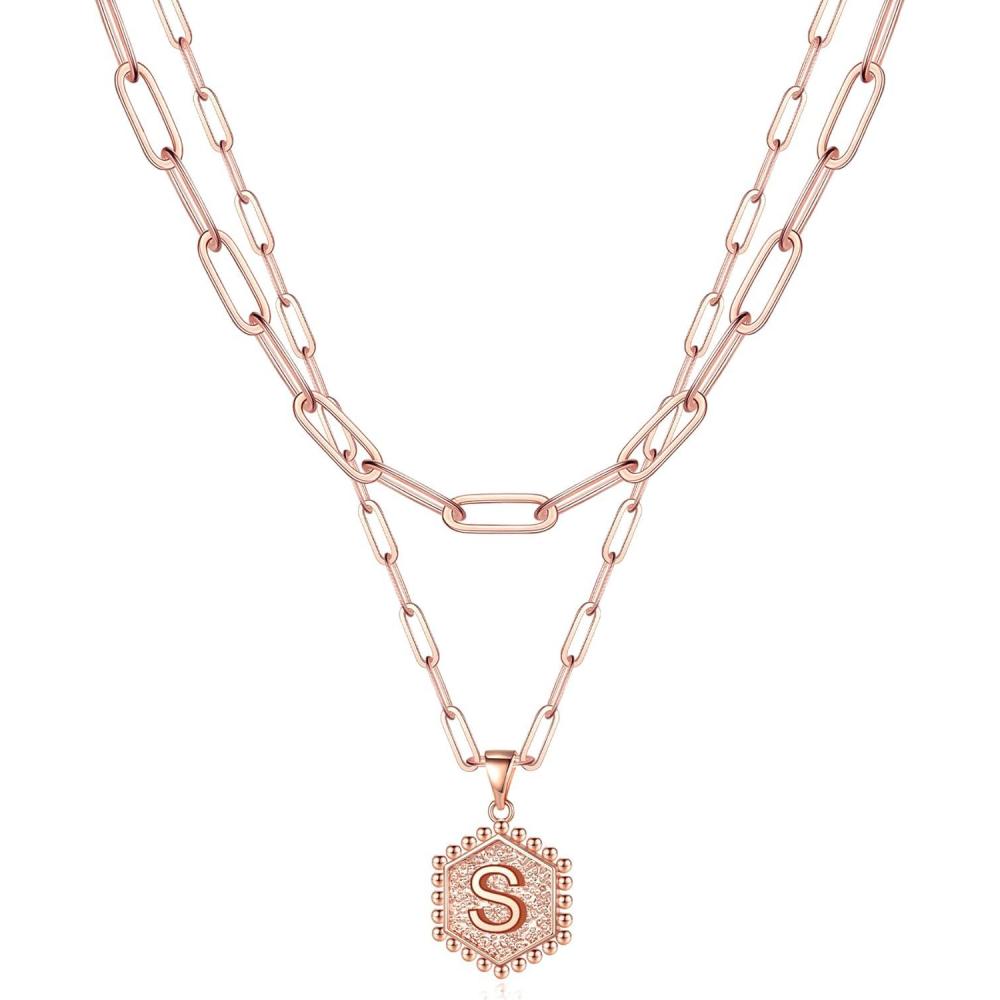 imageM MOOHAM Dainty Initial Necklaces for Women 14KGoldPlated Layering Necklace for Women Cute Hexagon Letter Initial Necklace Layered Necklaces for Teenage Teen Girls Christmas Gifts Stocking StuffersRose Gold Plated
