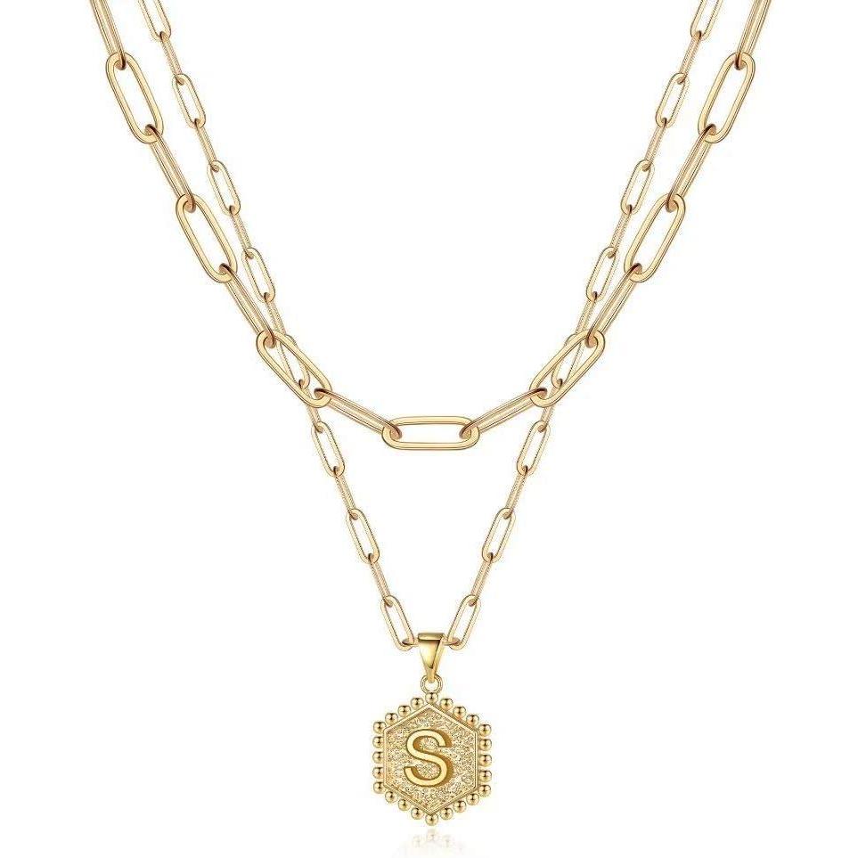 imageM MOOHAM Dainty Initial Necklaces for Women 14KGoldPlated Layering Necklace for Women Cute Hexagon Letter Initial Necklace Layered Necklaces for Teenage Teen Girls Christmas Gifts Stocking Stuffers14KGoldPlated