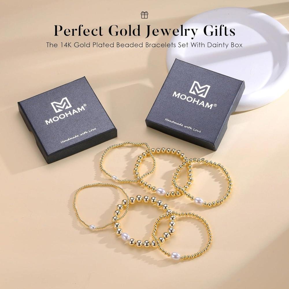 imageM MOOHAM Gold Beaded Bracelets for Women 14k Gold Plated Beaded Ball Bracelet Set Stack for Women Trendy Non Tarnisn Jewelry Gifts for Her Womens Adjustable Strand Bracelet