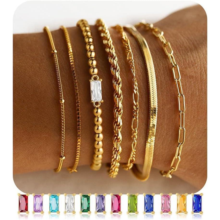 imageM MOOHAM Gold Birthstone Bracelets Stack for Women 14K Real Gold Plated Beaded Bracelets Rope Paperclip Chain Stackable Bracelet Non Tarnish Friendship Birthday Jewelry Gifts for Women Teen04AprilDiamond