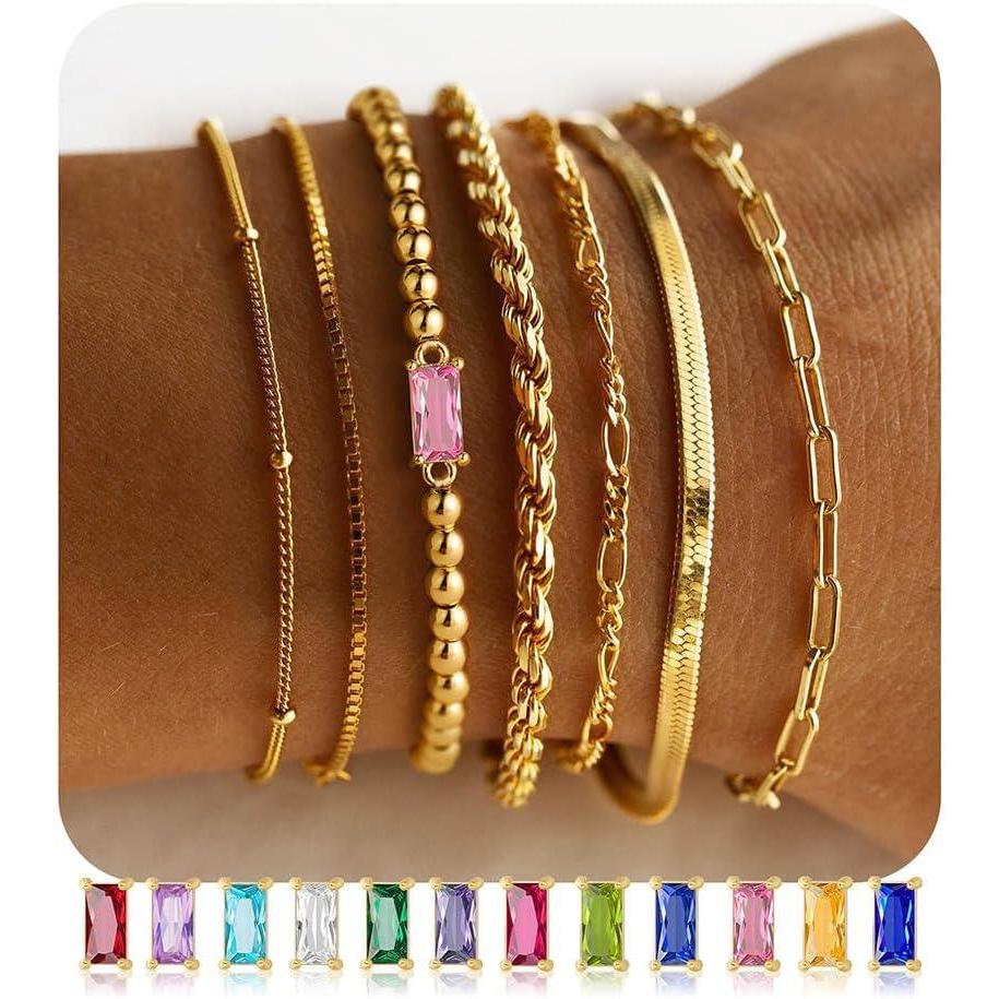 imageM MOOHAM Gold Birthstone Bracelets Stack for Women  14K Real Gold Plated Beaded Bracelets Rope Paperclip Chain Stackable Bracelet Non Tarnish Friendship Birthday Jewelry Gifts for Women Teen10OctoberTourmaline