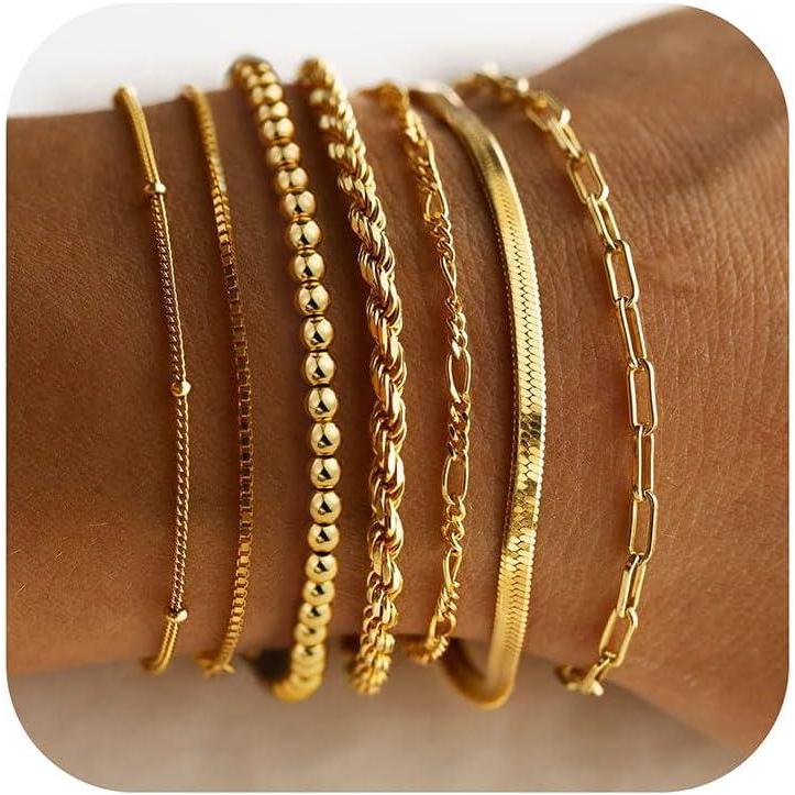 imageM MOOHAM Gold Bracelets for Women  14K Real Gold Plated Beaded Bracelets Set Rope Paperclip Chain Stackable Bracelet Non Tarnish Friendship Birthday Jewelry Gifts for Women Teen14K Gold Plated