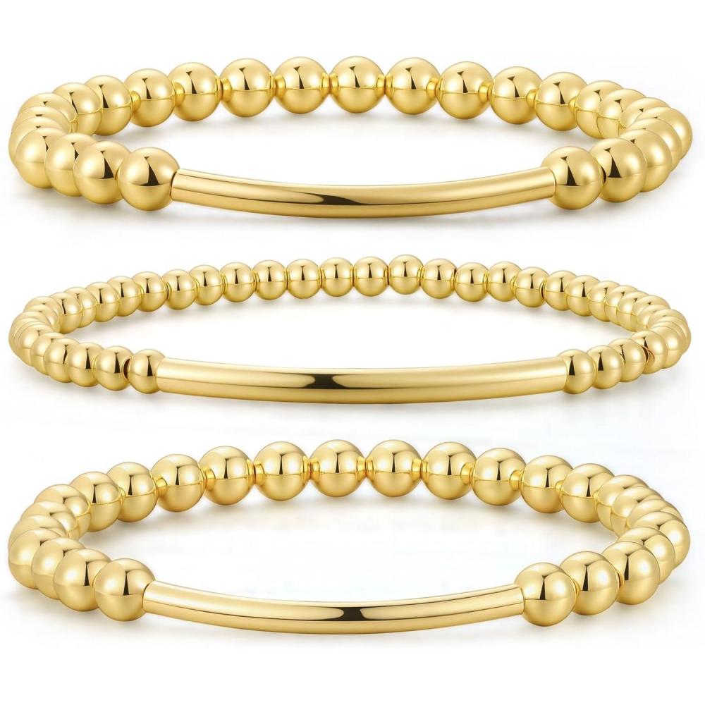 imageM MOOHAM GoldPlated Beaded Bracelets for Women Teen Girls Non Tarnish Dainty 14kGoldPlated Pearl Beaded Stretch Bracelet Stack Set for Women Trendy Jewelry Christmas Stocking Teenage Girl Gifts3 PCS Stretch Bracelets