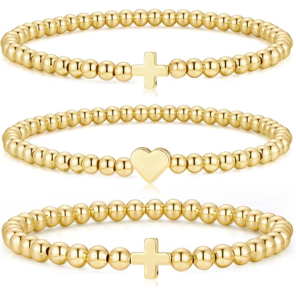 imageM MOOHAM GoldPlated Beaded Bracelets for Women Teen Girls Non Tarnish Dainty 14kGoldPlated Pearl Beaded Stretch Bracelet Stack Set for Women Trendy Jewelry Christmas Stocking Teenage Girl Gifts3 PCS Stretch Bracelets with Cross Heart