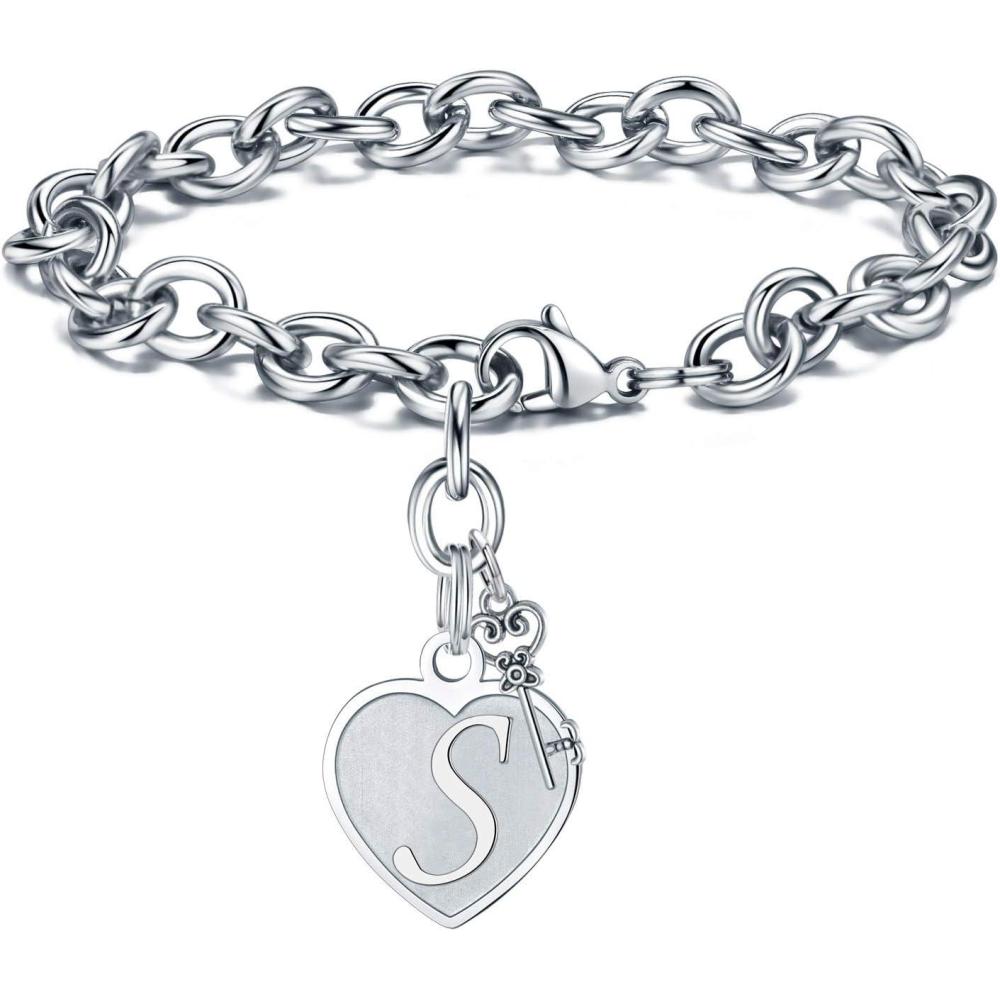 imageM MOOHAM Heart Initial Bracelets for Women Gifts Engraved 26 Letters Initial Charms Bracelet Stainless Steel Bracelet Birthday Christmas Jewelry Gift for Women Teen GirlsS Heart