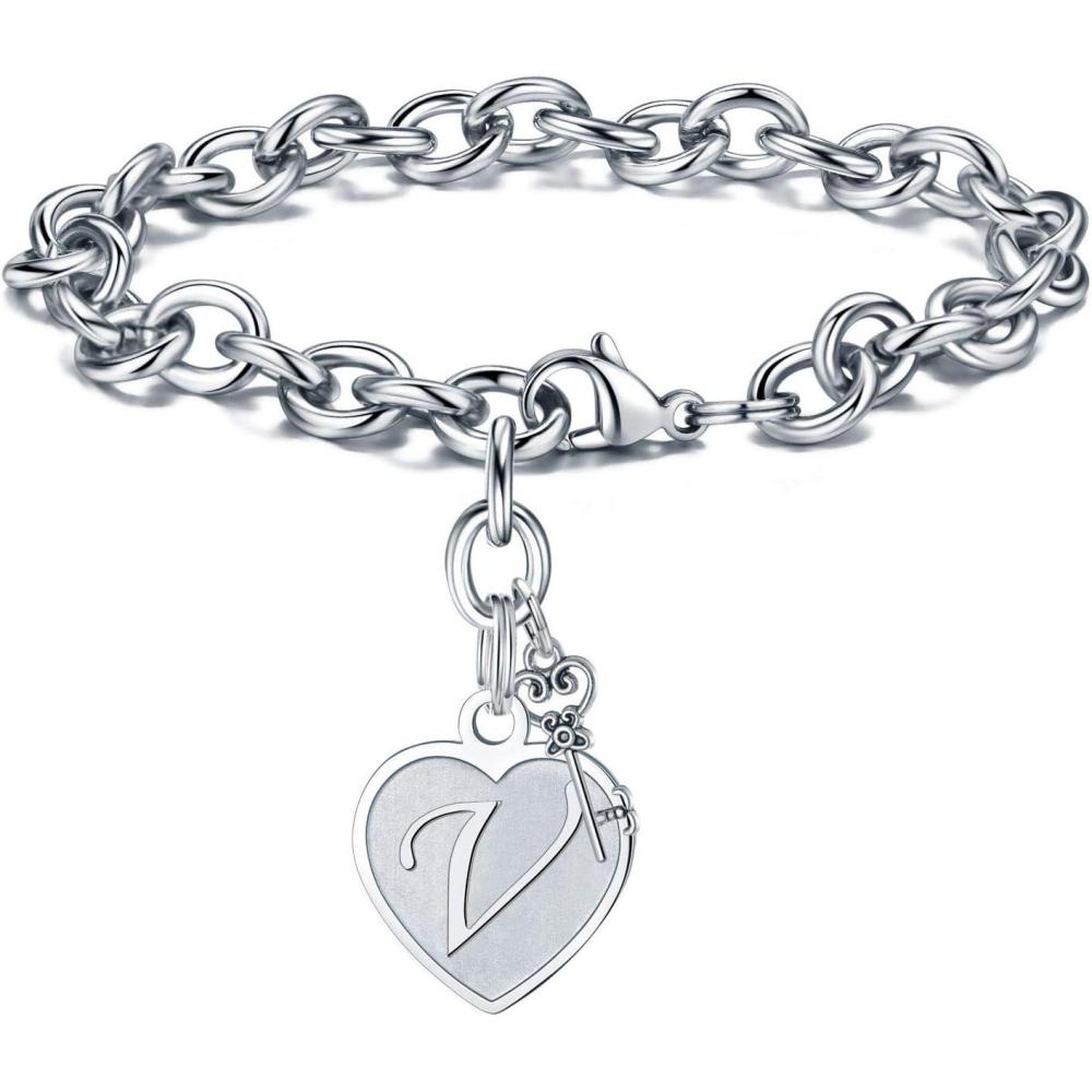 imageM MOOHAM Heart Initial Bracelets for Women Gifts  Engraved 26 Letters Initial Charms Bracelet Stainless Steel Bracelet Birthday Christmas Jewelry Gift for Women Teen GirlsV  Heart