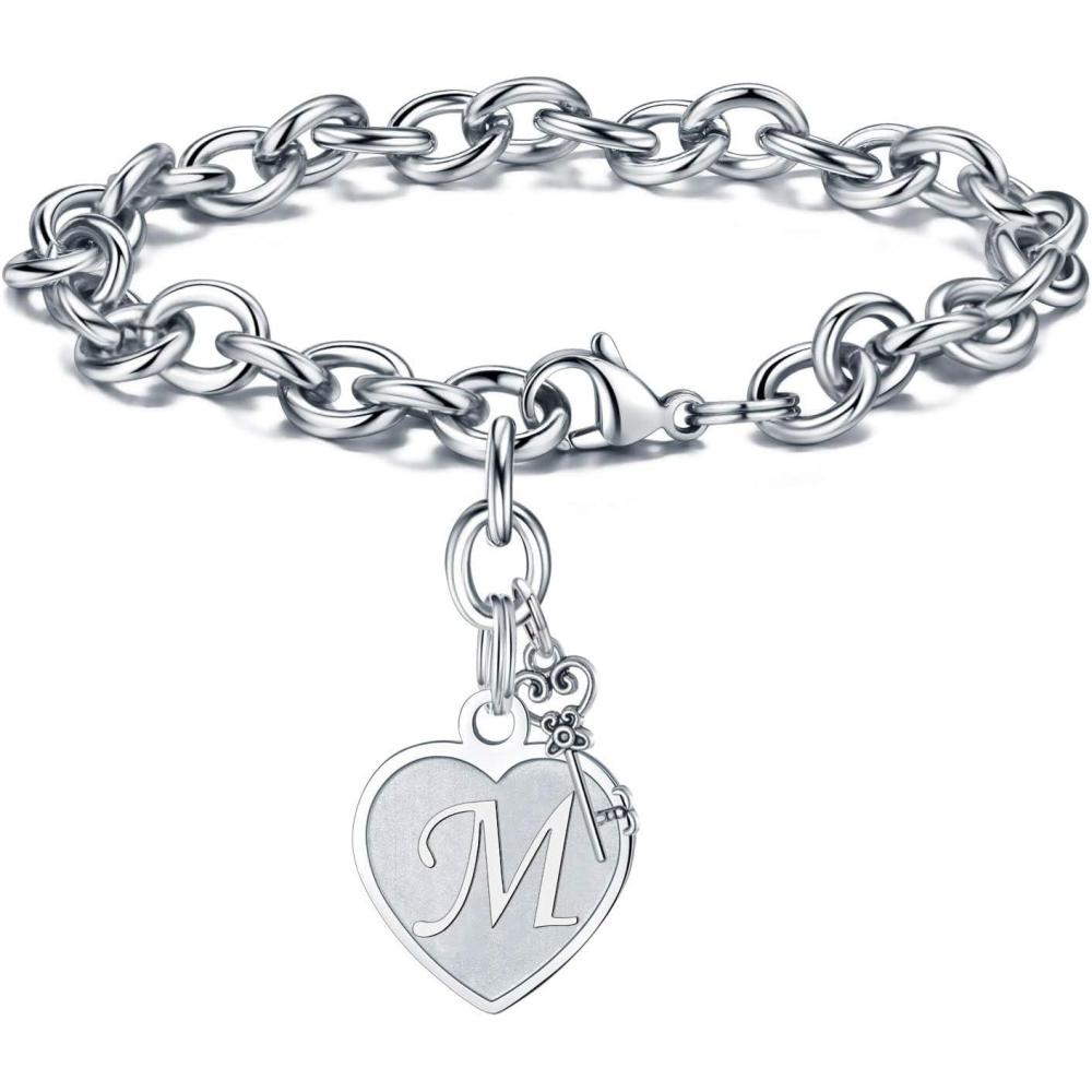 imageM MOOHAM Heart Initial Bracelets for Women Gifts  Engraved 26 Letters Initial Charms Bracelet Stainless Steel Bracelet Birthday Christmas Jewelry Gift for Women Teen GirlsM  Heart
